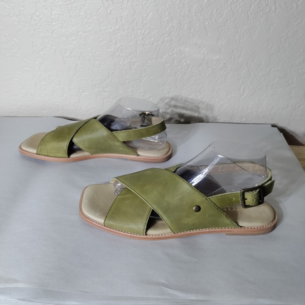 Patina Womens Olive Green Leather Crisscross Slingback Square Toe Sandals Flat